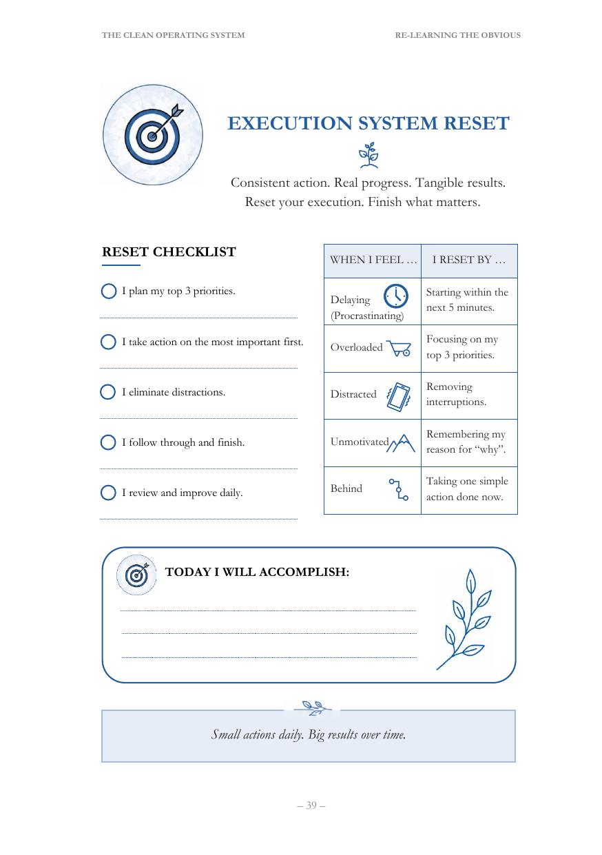 Execution System Reset — one-page worksheet preview